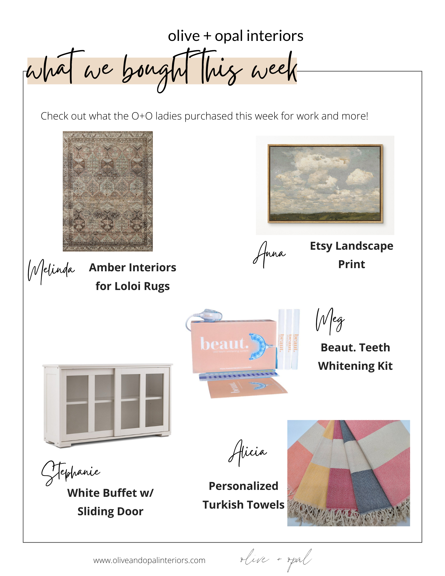  Sources:   Loloi rug  ,   Etsy print  ,   white buffet  ,   teeth whitening  ,   Turkish towels    