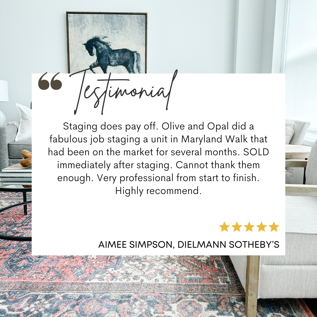 Testimonial text overlay on a modern living room with a rug, artwork, and furniture. The testimonial praises home staging by Olive and Opal, resulting in a quick sale and high professionalism, signed by Aimee Simpson from Dielmann Sotheby's. Includes a five-star rating.