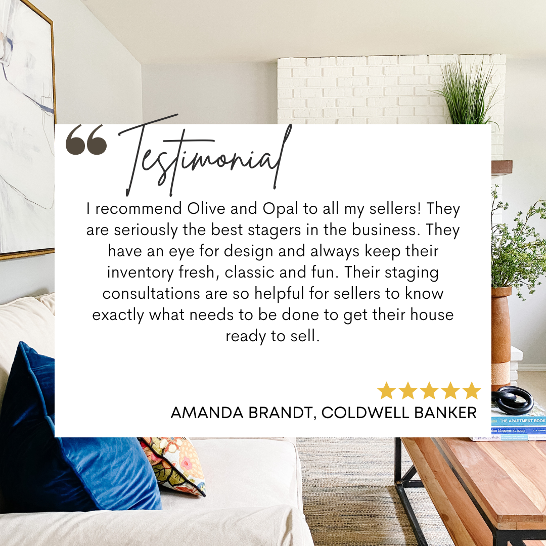 Testimonial image with a positive review for Olive and Opal's home staging services, highlighting their design expertise and helpful consultations. Features a modern living room with a beige couch, blue pillow, and green plants.