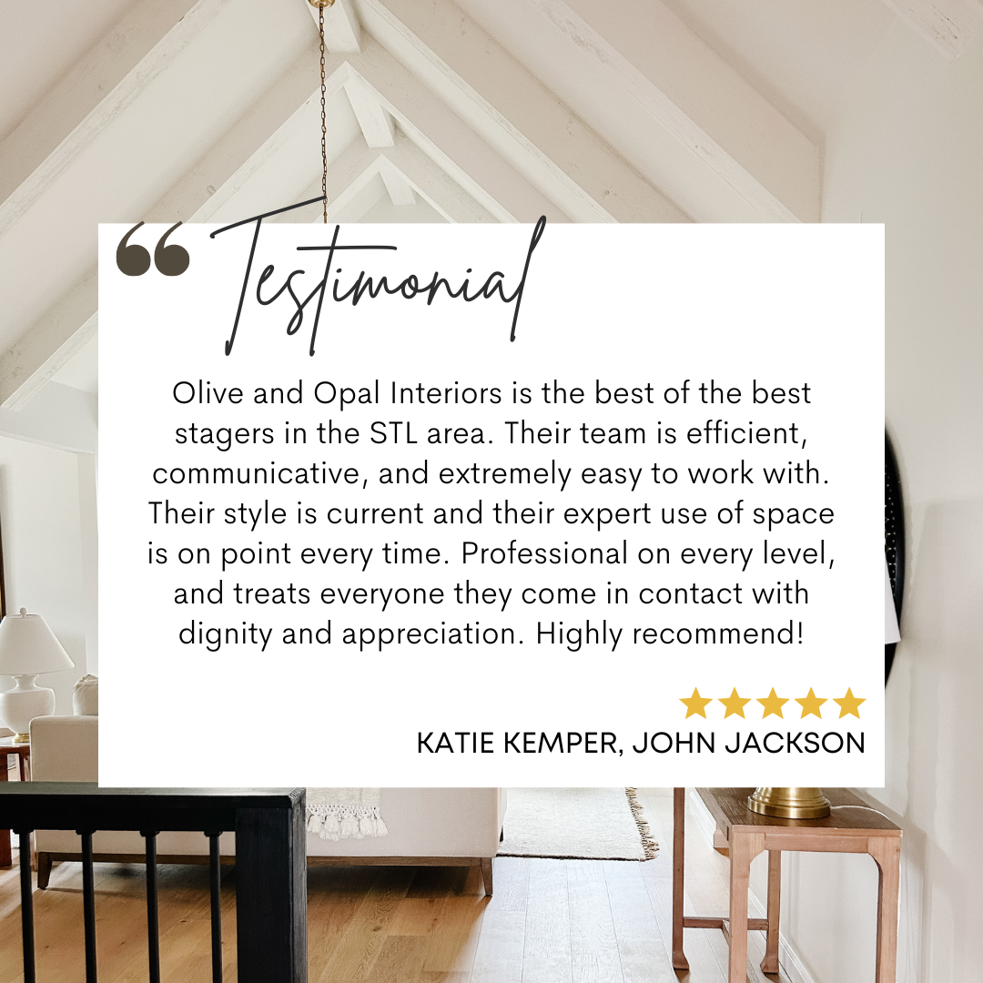 Testimonial for Olive and Opal Interiors with a background of a well-styled room, praising their efficiency, communication, style, professionalism, and space utilization. Features five-star rating from Katie Kemper and John Jackson.