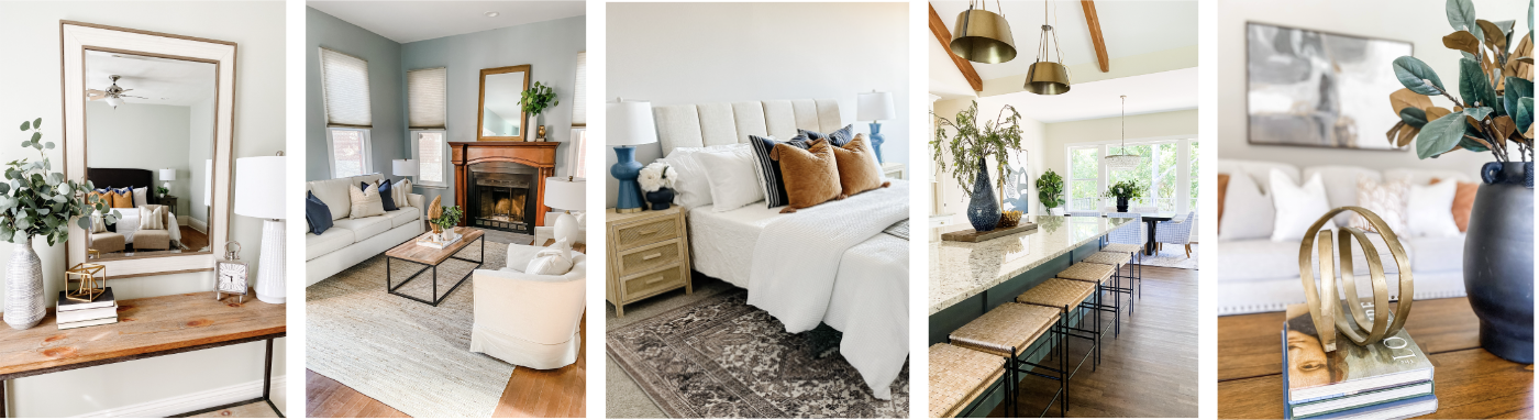 Collage of interior design photos in St. Louis showcasing a living room, bedroom, and kitchen. The living room has a fireplace, sofa, and a large mirror. The bedroom features a bed with decorative pillows and nightstands.
